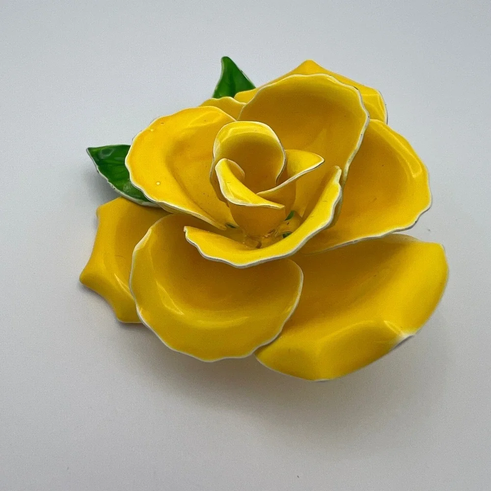 Vintage Yellow Enamel Rose Brooch Large Floral Pin Mid Century 3 Inch Friendship
